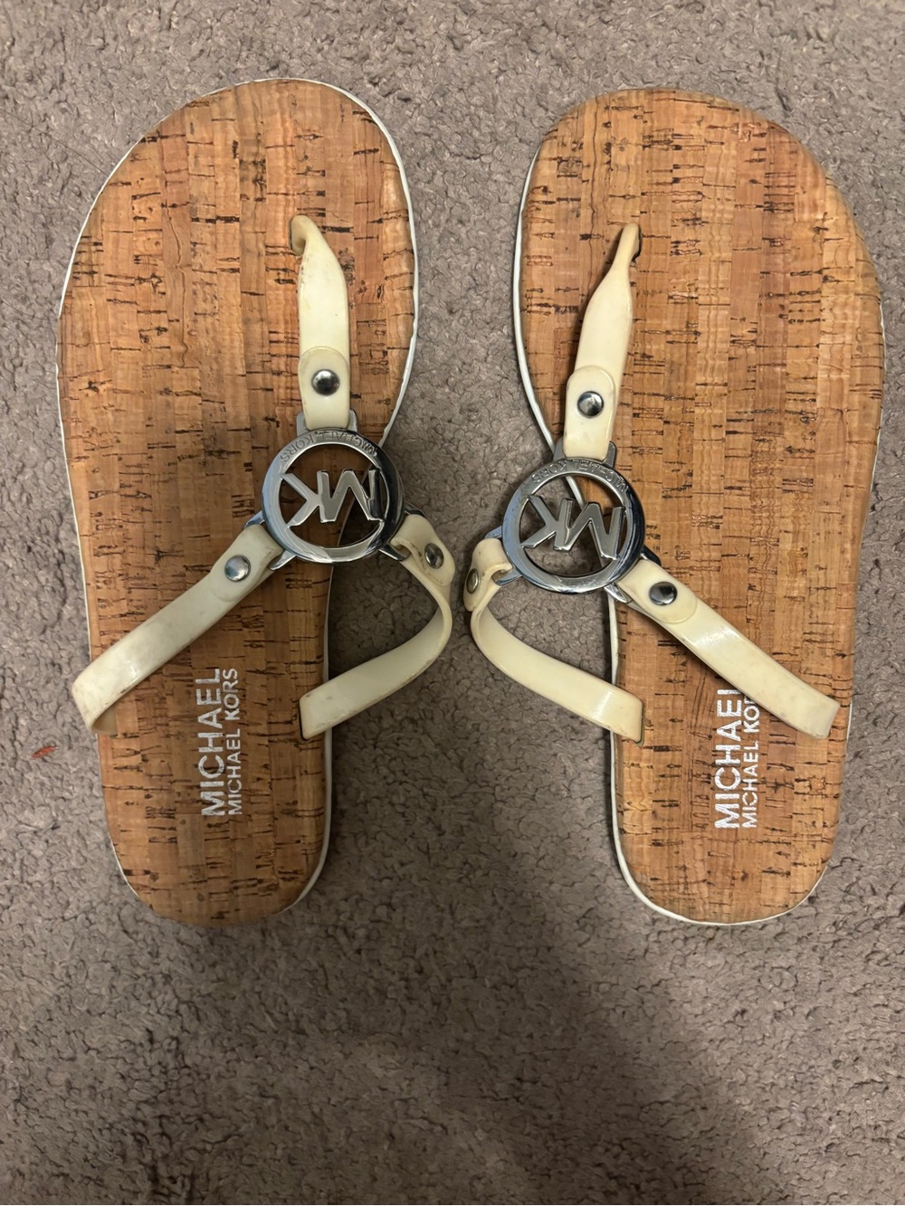 Michael Kors Cream Patent Logo Cork Flip Flops